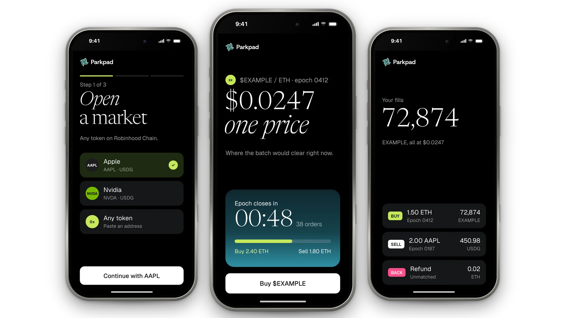 Parkpad on three iPhones: opening a market, a live epoch, and a claim